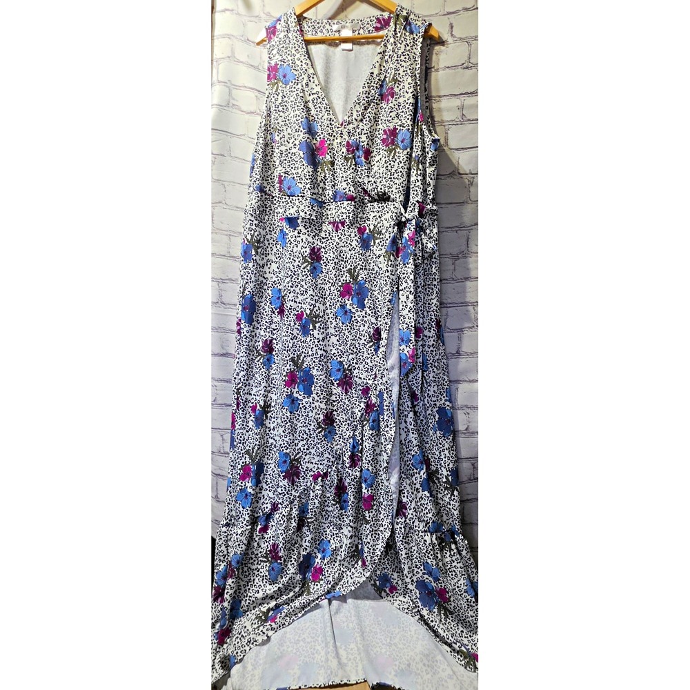 K. Jordan Womens Plus 2X Faux Wrap Maxi Dress V-Neck Sleeveless Leopard Floral